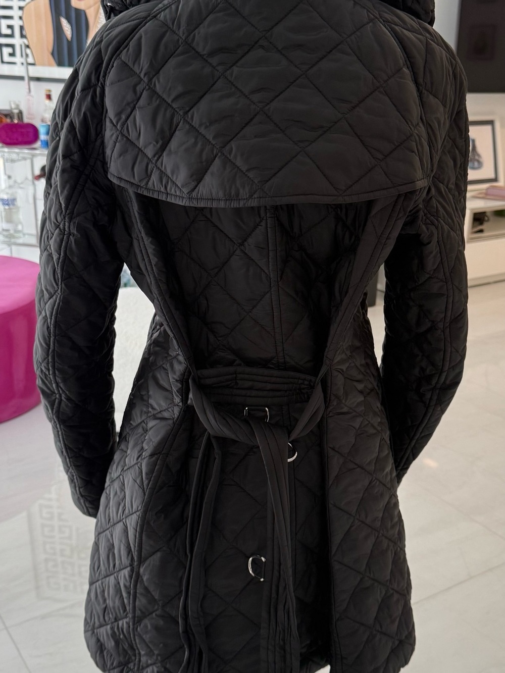 BURBERRY Finsbridge Black Belted Quilted Jacket W Detachable Hood Size L - Picture 9 of 10